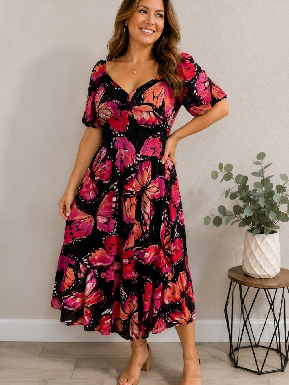 Mimi Chica Butterfly Print Midi Dress | XL | Black Pink Orange | Flutter Sleeve
